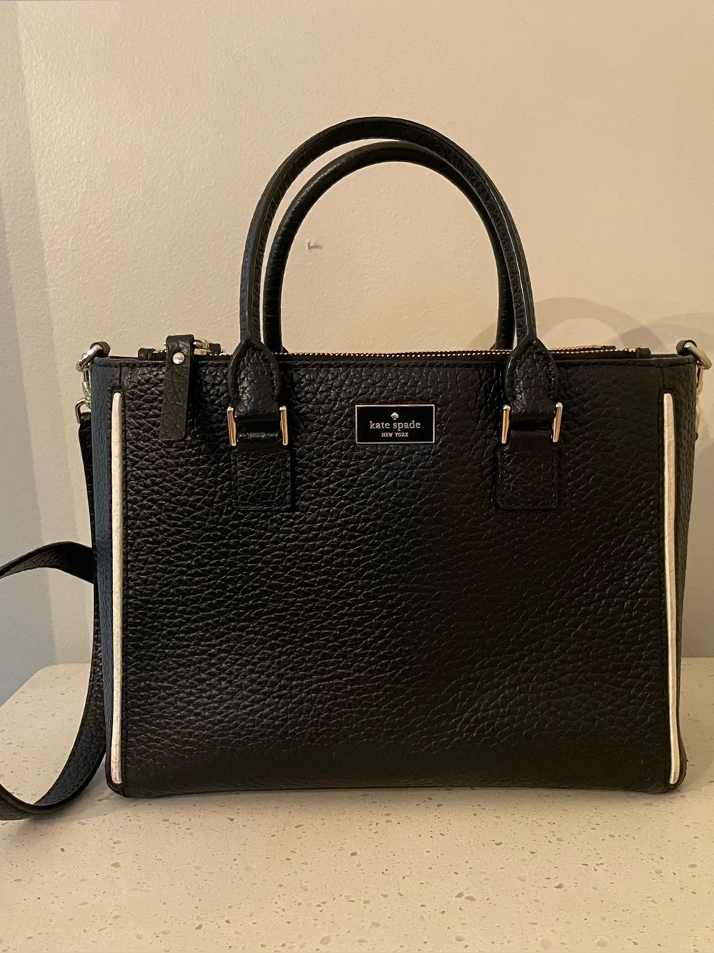 kate spade Black Pebbled Leather Satchel with Gold Accents
